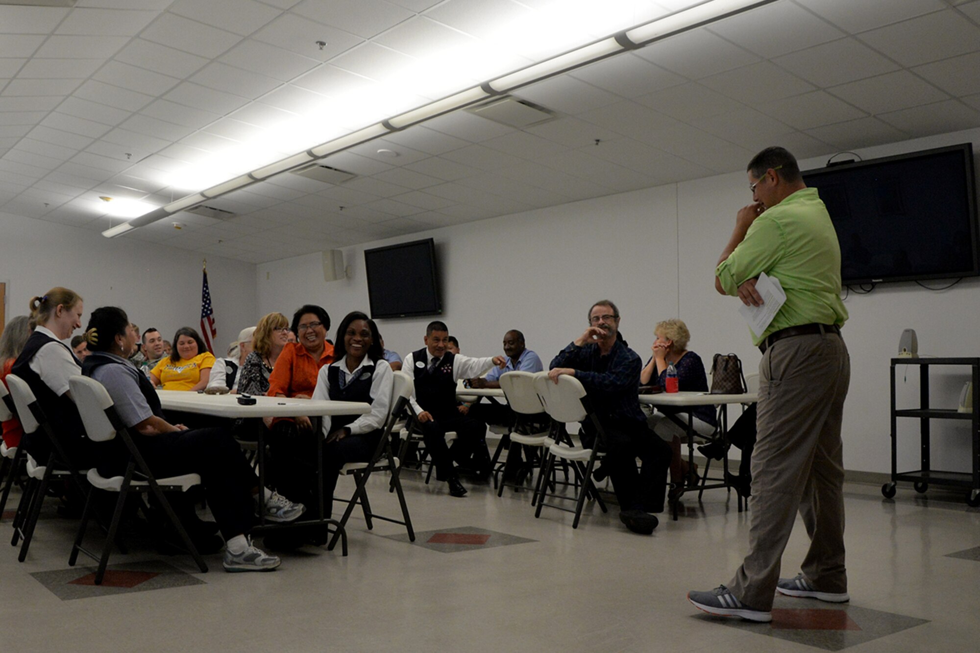 Allen Shon, 17th Civil Engineer Squadron environmental element, teaches a class on how to create a positive customer service environment at the Taylor Chapel on Goodfellow Air Force Base, Texas, Aug. 25, 2016. Shon encouraged the class to be positive, be confident and avoid negativity. (U.S. Air Force photo by Airman 1st Class Randall Moose/Released)