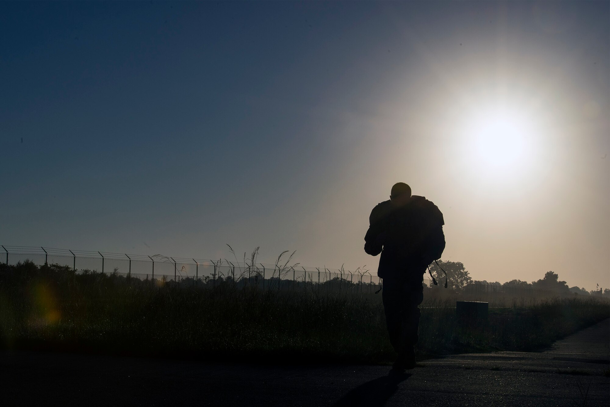 A U.S. Air Force Airman assigned to the 93d Air Ground Operations Wing hauls 50 pounds of gear during a 4-mile ruck march, Aug. 26, 2016, at Moody Air Force Base, Ga. The 93d AGOW activated in 2008 and became the first wing to provide highly-trained ground combat forces capable of integrating air and space power into the ground scheme of fire and maneuver. (U.S. Air Force photo by Airman 1st Class Greg Nash)