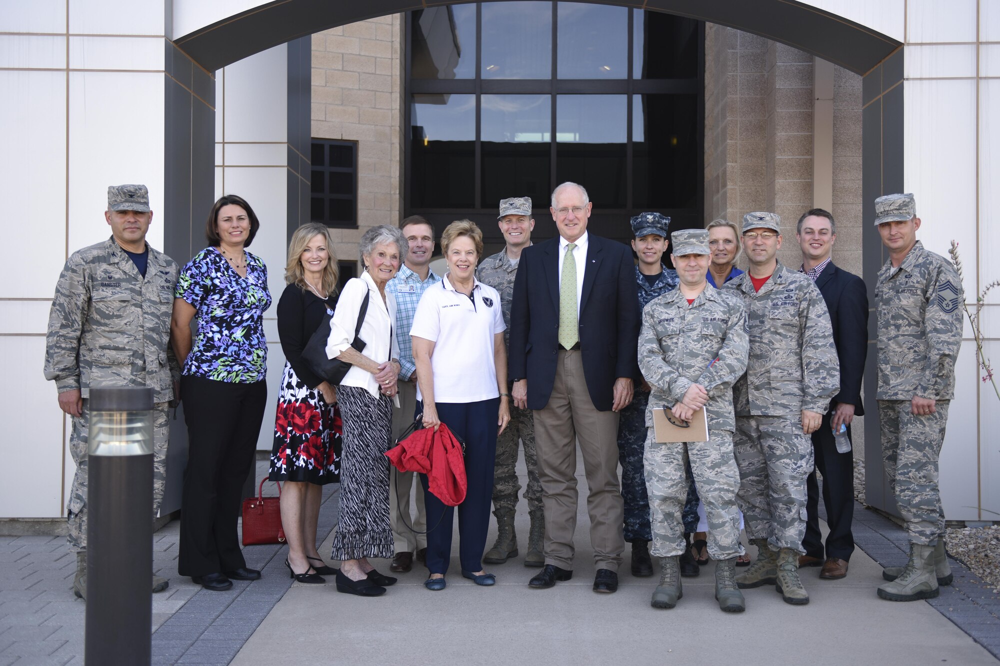 U.S. House of Representatives Congressman Mike Conaway 11th District of Texas, stands with U.S. Air Force Col. Jeffrey Sorrell, 17th Training Wing Vice Commander, at the Norma Brown building on Goodfellow Air Force Base, Texas, Aug. 26. Conaway visited to witness the 50th anniversary of the Navy detachment on Goodfellow. (U.S. Air Force photo by Airman 1st Class Chase Sousa/Released)