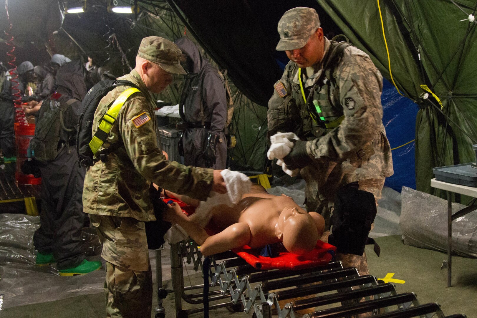 Soldiers with the 172nd Hazard Response Company from Fort Riley, Kansas, run a decontamination site Aug. 25, 2016 at Fort Hood, Texas during Exercise Sudden Response 16. The weeklong exercise was a key training event for the 172nd HR Co. and various other units within Joint Task Force Civil Support, a rapidly deployable force of more than 5,000 service members from across the country who are specially trained and equipped to provide life-saving assistance in the event of chemical, biological, radiological or nuclear disasters in the U.S. (U.S. Army photo by Sgt. Marcus Floyd, 13th Public Affairs Detachment)