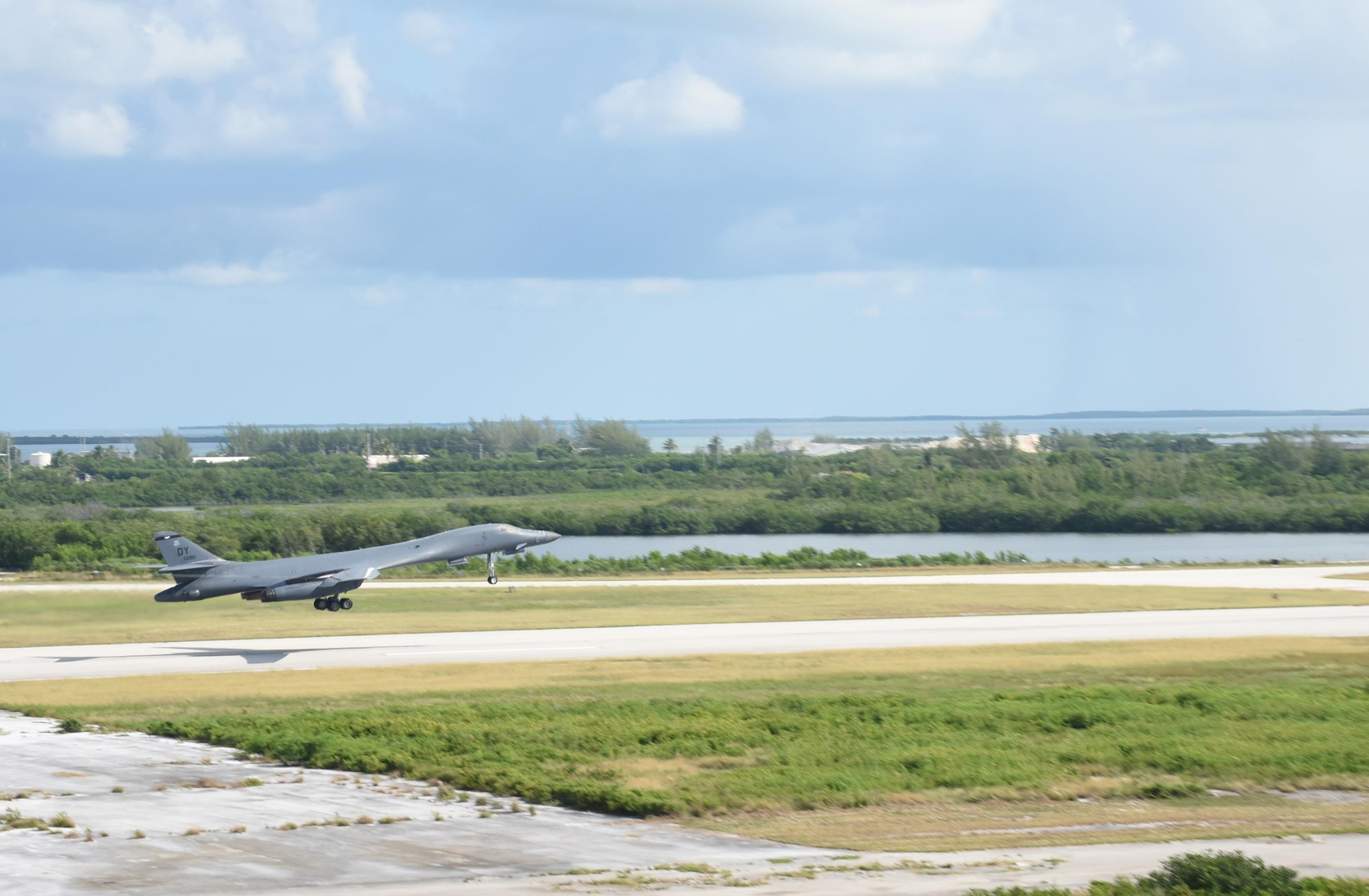 A B-1B Lancer from the Air Force’s 9th Bomb Squadron, out of Dyess Air Force Base, Texas, takes off at Naval Air Station Key West’s Boca Chica Field Aug. 23, 2016 in support of Joint Interagency Task Force South’s mission of detection and monitoring of illicit trafficking. Last week, the
Air Force deliberately increased its aircraft operations in support of JIATF South in an effort to leverage multi-domain operations, which integrates information gleaned from intelligence, space and cyber domains in for a common objective.  From March 2015 to April 2016 the Air Force
conducted 278 hours of force-packaged counter-narcotics operations to assist the U.S. Coast Guard and Partner Nations in the interdiction of 14 metric tons of cocaine worth about $437 million.  (U.S. Navy Photo by Mass Communication Specialist 2nd Class Cody R. Babin/Released)
