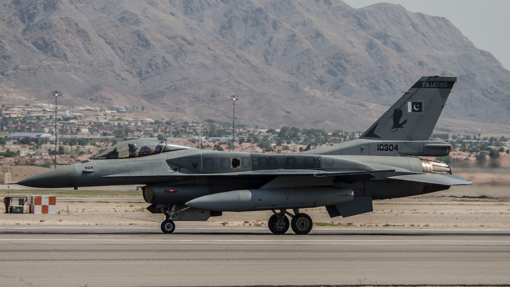 A Pakistan air force F-16C Fighting Falcon assigned to the No.5 Squadron, Rafiqui Air Force Base prepares for take-off at Nellis Air Force Base, Nev., Aug. 17, 2016. The No. 5 Squadron travelled more than 7,700 miles to participate in Red Flag 16-4. (U.S. Air Force photo by Tech Sgt. Frank Miller/Released)
