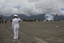 Adm. Harry B. Harris, commander, U.S. Pacific Command, is rendered honors by members of U.S. Marine Corps Forces, Pacific during a change of command ceremony at Marine Corps Base Hawaii, Aug. 26, 2016. Harris presided over the change of command from Lt. Gen. John A. Toolan to Lt. Gen. David H. Berger. (U.S. Marine Corps photo by Lance Cpl. Matthew Casbarro/Released)