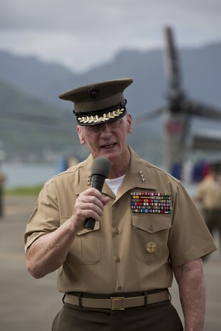 Lt. Gen. John A. Toolan, the outgoing commander of U.S. Marine Corps Forces, Pacific, speaks during a change of command ceremony at Marine Corps Base Hawaii, Aug. 26, 2016. During the ceremony, Toolan relinquished command to Lt. Gen. David H. Berger. (U.S. Marine Corps photo by Lance Cpl. Matthew Casbarro/Released)