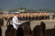 Adm. Harry B. Harris, commander of U.S. Pacific Command, gives his remarks during a change of command ceremony at Marine Corps Base Hawaii, Aug. 26, 2016.  The change of command ceremony represents the transfer of responsibility and authority between the commanders. (U.S. Marine Corps photo by Lance Cpl. Miguel A. Rosales/ Released)
