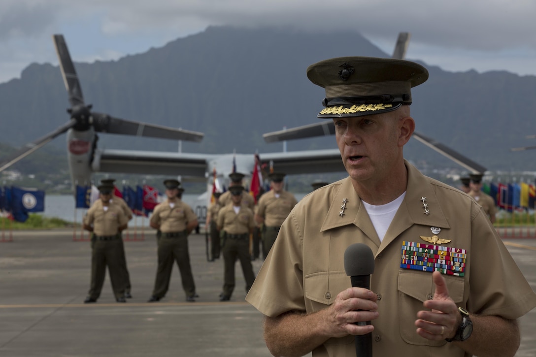 Lt. Gen. David H. Berger, commander, U.S. Marine Corps Forces, Pacific, speaks during a change of command ceremony at Marine Corps Base Hawaii, Aug. 26, 2016. During the ceremony, Lt. Gen. John A. Toolan relinquished command to Berger. (U.S. Marine Corps photo by Lance Cpl. Matthew Casbarro/Released)