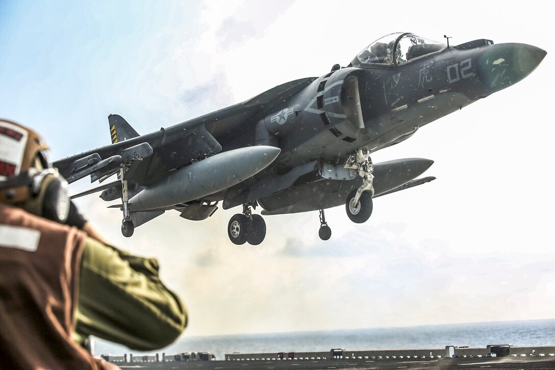 A Marine Corps AV-8B Harrier II jet prepares to land aboard the USS Bonhomme Richard during flight operations in the Pacific Ocean, Aug. 27, 2016. Marine Corps photo by Sgt. Tiffany Edwards

