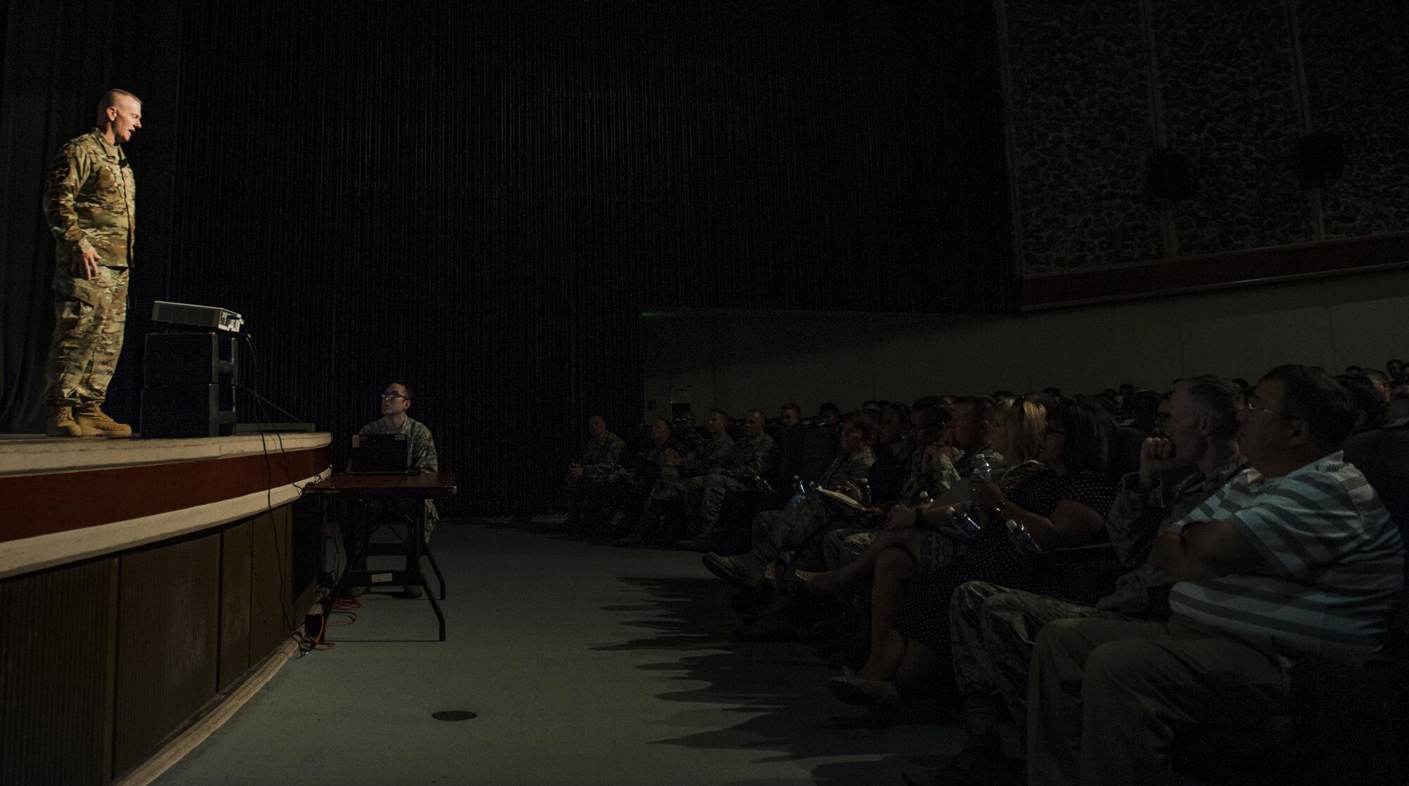 Command Sgt. Maj. John W. Troxell, senior enlisted advisor to the chairman of the Joint Chiefs of Staff, talks to members of team Kadena in the Keystone Theater Aug. 29, 2016, at Kadena Air Base, Japan. Troxell visited Kadena and several other bases in the Pacific theater to learn more about various installation missions. (U.S. Air Force photo by Airman 1st Class Nick Emerick) 