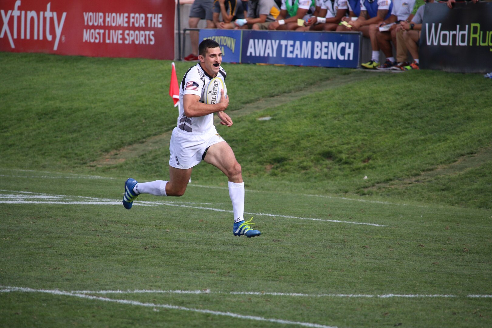 Army's Spc. Rocco Mauer takes off to score one of his four tries during Army's 55-5 rout over the Air Force to win their fourth consecutive Armed Forces Rugby Championship gold medal