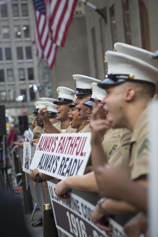 Reserve Marines cheer outside of the Today Show at Rockefeller Center, during the celebration of the U.S. Marine Corps Reserve Centennial, Aug. 29, 2016. The Marines are commemorating 100 years of rich history, heritage, esprit de corps, and a bond with not only New York City but with all communities across the U.S. The celebration brings awareness to the Reserve’s essential role as a crisis response force and expeditionary force in readiness that is always prepared to augment the active component. (U.S. Marine Corps photo by Sgt. Sara Graham)