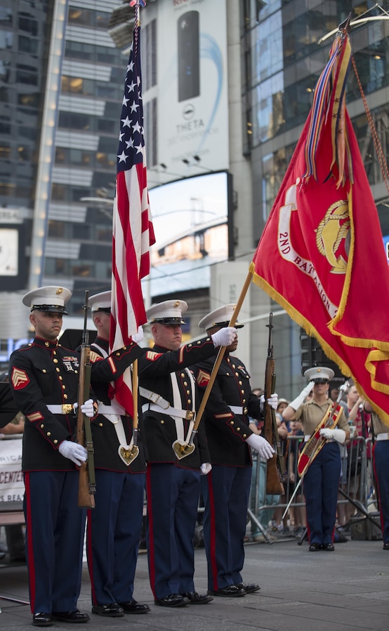 Marines with 2nd Battalion, 25th Marine Regiment, present the colors during the U.S. Marine Corps Reserve Centennial celebration at Times Square, Aug. 29, 2016. For 100 years, the Marine Corps Reserve has answered the call, serving as our nation’s crisis response force and expeditionary force in readiness. The centennial celebration is a way to honor this selfless service and celebrate the Marine Corps’ rich history, heritage and esprit de corps. (U.S. Marine Corps photo by Sgt. Sara Graham)
