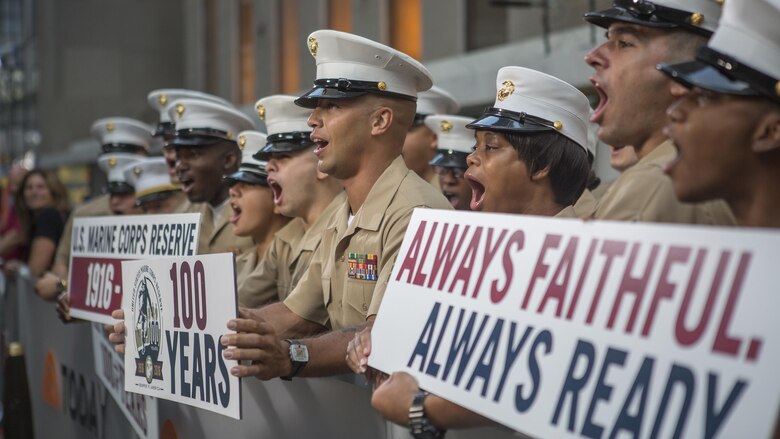 Reserve Marines cheer outside of the Today Show at Rockefeller Center, during the celebration of the U.S. Marine Corps Reserve Centennial, at Times Square, New York, Aug. 29, 2016. The Marines are commemorating 100 years of rich history, heritage, esprit de corps, and a bond with not only New York City but with all communities across the U.S. The celebration brings awareness to the Reserve’s essential role as a crisis response force and expeditionary force in readiness that is always prepared to augment the active component.