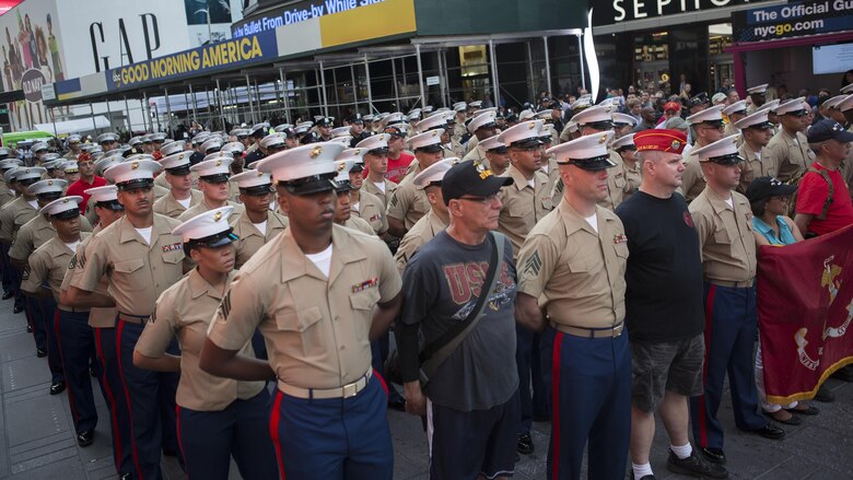 Roughly 500 current and past Marines stand in formation at Times Square for the U.S. Marine Corps Reserve Centennial celebration, at Times Square, New York, Aug. 29, 2016. For 100 years the Marine Corps Reserve has answered the call, serving as our nation’s crisis response force and expeditionary force in readiness. The centennial celebration is a way to honor years of selfless service and celebrate the Marine Corps’ rich history, heritage and esprit de corps. The celebration brings awareness to the Reserve’s essential role as a crisis response force and expeditionary force in readiness that is always prepared to augment the active component.