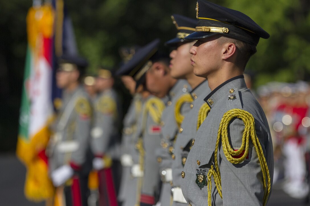 Third Republic of Korea Army soldiers stand in formation to greet U.S. Lt. Gen. Stephen R. Lanza, commander of I Corps, at Yongin, South Korea, Aug. 26, 2016.  (U.S. Army photo by Staff Sgt. Ken Scar)