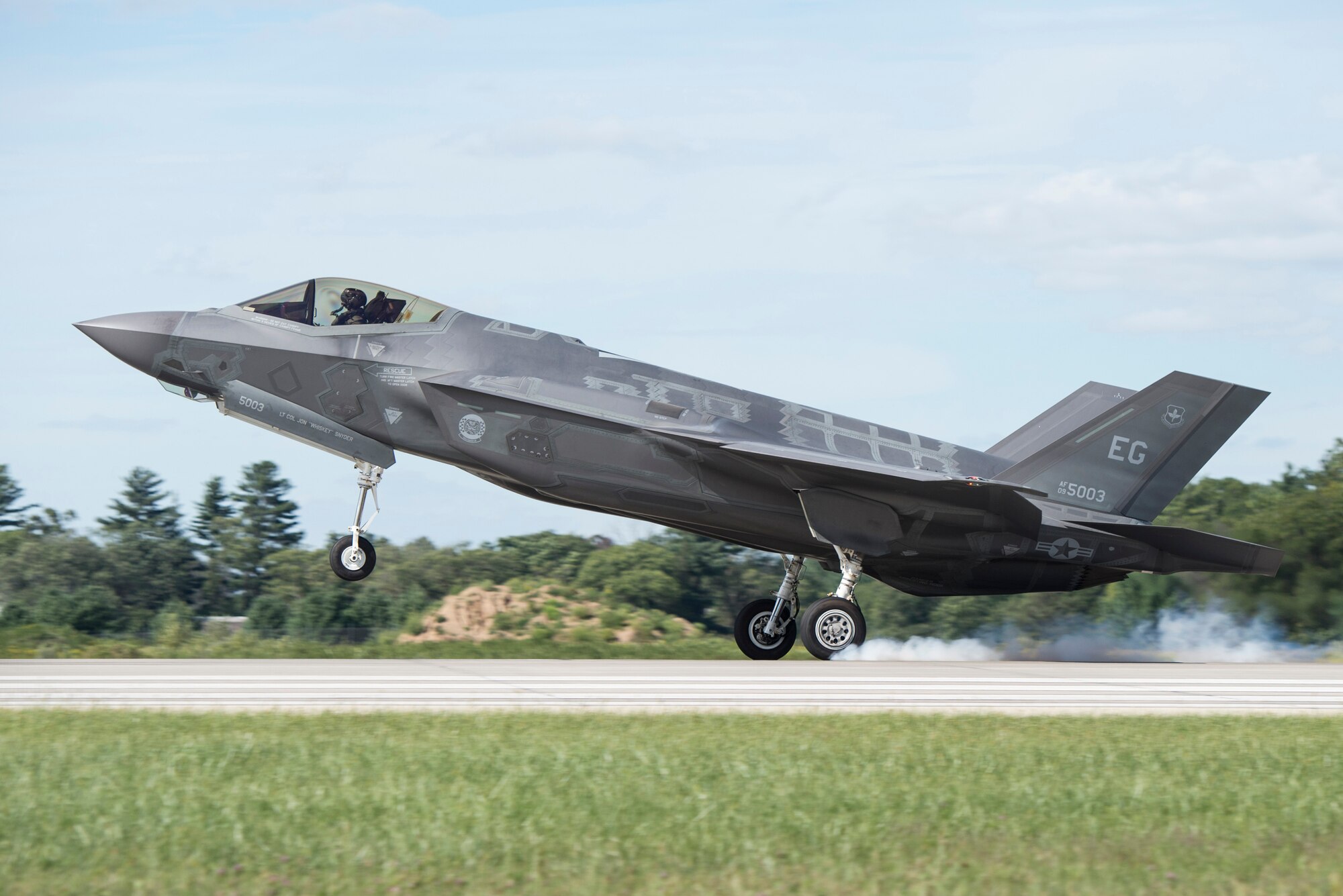 A 33rd Fighter Wing F-35A lands at Volk Field, Wis. Aug. 23, 2016, during Northern Lightning. Northern Lightning is a tactical-level, joint training exercise that emphasizes fifth and fourth generation assets engaged in a contested, degraded environment. (U.S. Air Force photo by Senior Airman Stormy Archer)