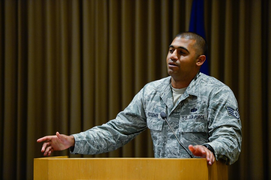 Staff Sgt. Francis Goodwin, 2nd Space Operations Squadron, argues his position in favor of the current Air Force retirement system during the first Schriever Debate at Schriever Air Force Base, Colorado, Thursday, Aug. 25, 2016. The event pit members of the 5/6 Council against members of the CGO Council as they debated the merits of the new blended retirement system. (U.S. Air Force photo/Christopher DeWitt)
