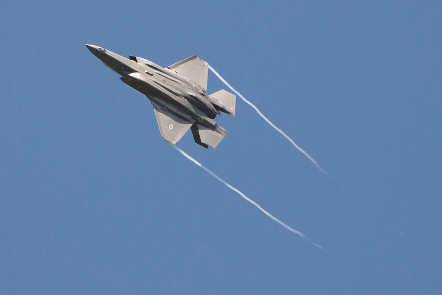 A 33rd Fighter Wing F-35A flies over Volk Field, Wis. during Northern Lightning Aug. 22, 2016. Northern Lightning is a tactical-level, joint training exercise that emphasizes fifth and fourth generation assets engaged in a contested, degraded environment. (U.S. Air Force photo by Senior Airman Stormy Archer)