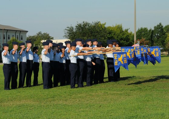 Parade group officers salute the commander of troops during the 2nd Air Force change of command ceremony at the Levitow Training Support Facility Aug. 26, 2016, on Keesler Air Force Base, Miss. Maj. Gen. Bob LaBrutta assumed command at the ceremony from Maj. Gen. Mark Brown who is heading to Joint Base San Antonio- Randolph, Texas, where he will become the Air Education and Training Command vice commander. LaBrutta was previously the 502nd Air Base Wing and Joint Base San Antonio, Texas, commander.  (U.S. Air Force photo by Kemberly Groue/Released)