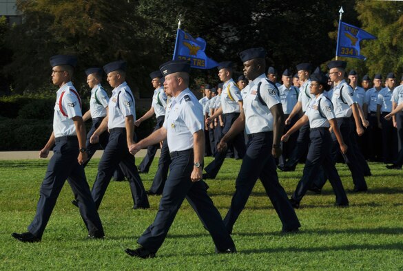 Col. Scott Solomon, 81st Training Group commander, leads Airmen to their formation during the 2nd Air Force change of command ceremony at the Levitow Training Support Facility Aug. 26, 2016, on Keesler Air Force Base, Miss. Maj. Gen. Bob LaBrutta assumed command from Maj. Gen. Mark Brown who is heading to Joint Base San Antonio-Randolph, Texas, where he will become the Air Education and Training Command vice commander. (U.S. Air Force photo by Kemberly Groue/Released)