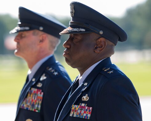 Lt. Gen. Darryl Roberson, commander, Air Education and Training Command, and Maj. Gen. Mark Brown, outgoing 2nd Air Force commander, look on during the 2nd AF change of command ceremony at the Levitow Training Support Facility Aug. 26, 2016, on Keesler Air Force Base, Miss. Brown, who will become the AETC vice commander at Joint Base San Antonio-Randolph, Texas, is replaced by Maj. Gen. Bob LaBrutta, who was previously the 502nd Air Base Wing and Joint Base San Antonio, Texas, commander. (U.S. Air Force photo by Andre Askew/Released)