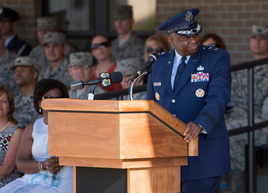 Maj. Gen. Mark Brown, outgoing 2nd Air Force commander, delivers remarks during the 2nd AF change of command ceremony at the Levitow Training Support Facility Aug. 26, 2016, on Keesler Air Force Base, Miss. Brown, who will become the Air Education and Training Command vice commander at Joint Base San Antonio-Randolph, Texas, is replaced by Maj. Gen. Bob LaBrutta, who was previously the 502nd Air Base Wing and Joint Base San Antonio, Texas, commander. (U.S. Air Force photo by Andre Askew/Released)