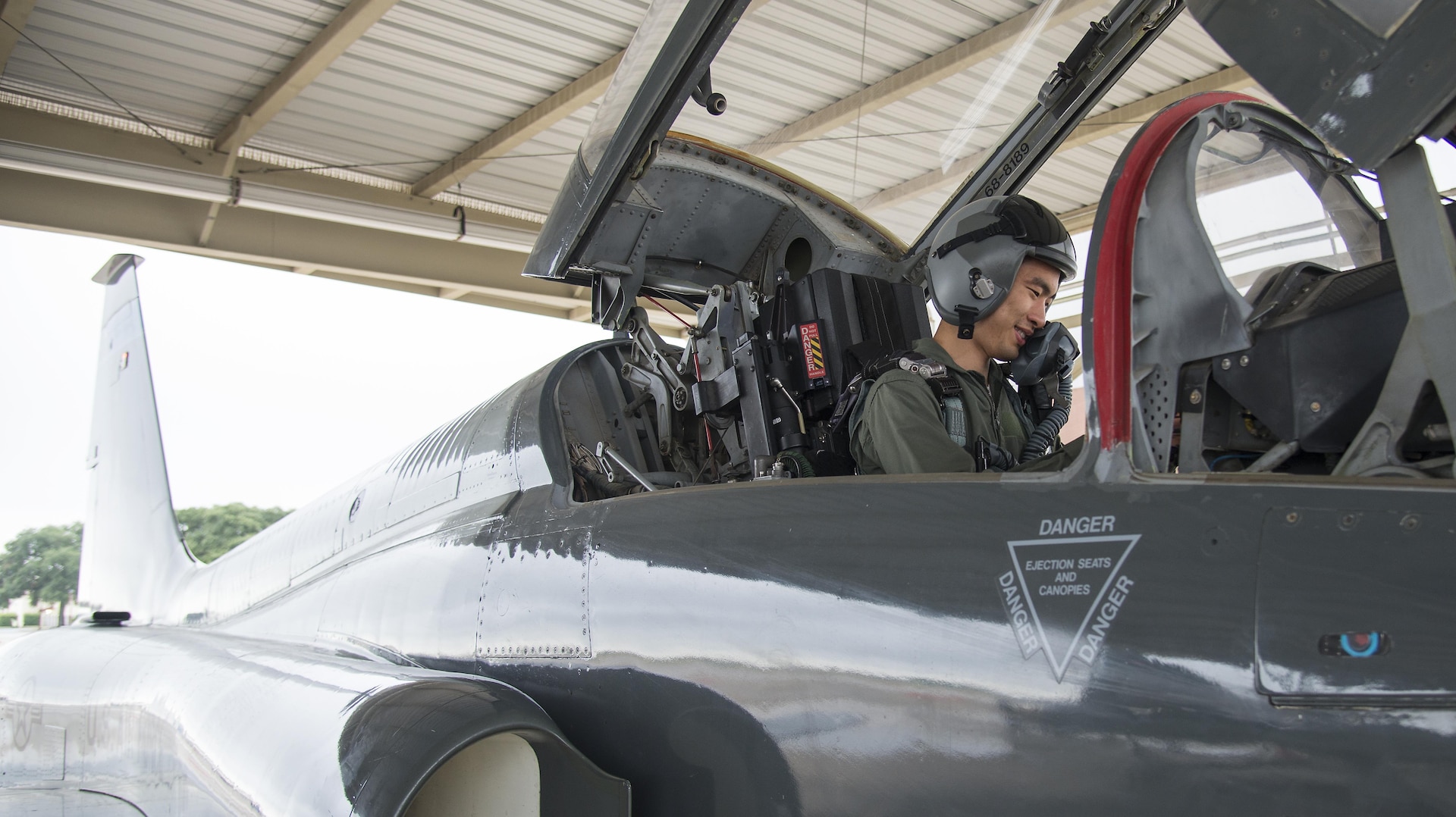 Second Lt. Chris Hsu, Air Education and Training Command Judge Advocate legal intern,  prepares for an incentive flight in a T-38 Talon at Joint Base San Antonio-Randolph July 27, 2016. Hsu was nominated by Col. Polly Kenny, AETC staff judge advocate, for the incentive flight due to his exemplary performance while interning. 