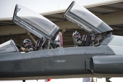 Maj. Gavin Peterson, 435th Fighter Training Squadron flight commander, and 2nd Lt. Chris Hsu, Air Education and Training Command Judge Advocate legal intern, taxi onto the runway in a T-38 Talon before an incentive flight at Joint Base San Antonio-Randolph July 27, 2016. Incentive rides are given in a variety of aircraft and are dependent upon what aircraft are housed at the base of the award winner. 