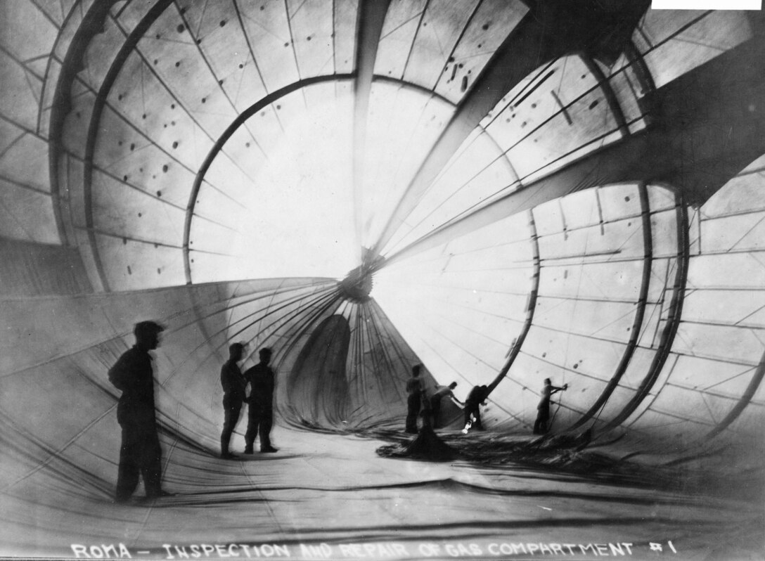 The Roma, a semi-rigid airship, took to the skies from Langley Field, Va., on Feb. 21, 1922. The Roma took-off to test the new power plants. The nose had started to buckle not long after leaving the field and observers at the air station watched in horror as the elevator in the stern slipped out of place. With its controls jammed, the Roma crashed at the Army’s Quartermaster Depot outside Norfolk, struck high-voltage wires and blew apart. (U.S. Air Force photo)