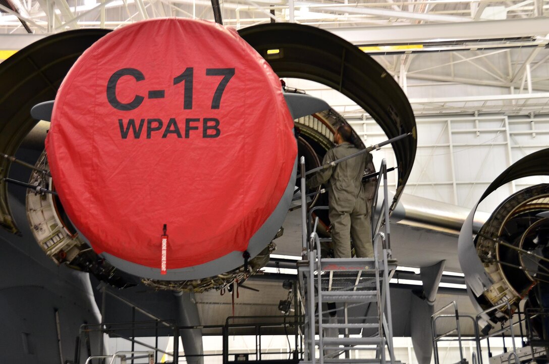 The engines of a C-17 Globemaster III are inspected by the 445th Maintenance Squadron’s Jet Engine Shop for any defects or issues needing addressed. The 445th MXS submitted a team award for greatly reducing C-17 home-station check flowtime. The squadron is now in the running as one of two teams from Air Force Reserve Command competing for the 2016 Chief of Staff Team Excellence Awards. (U.S. Air Force photo/Stacy Vaughn)