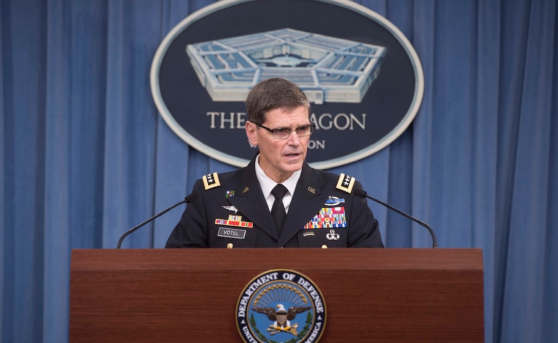 WASHINGTON (Aug. 3, 2016) Gen. Joseph L. Votel, Commander, United States Central Command, briefs reporters at the Pentagon, Aug. 22. (DoD photo by Navy Petty Officer 1st Class Tim D. Godbee) (Released)