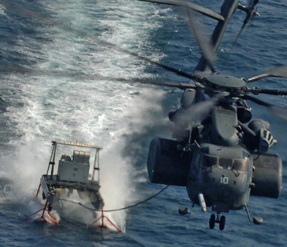 The DLA Aviation Customer Operations Directorate's weapons systems program managers, at Richmond, Virginia, strive to keep the H-53 type model series helicopter fleet maintained and up to 100  percent mission ready. The U.S. Navy's MH-53 Sea Dragon is shown performing mine countermeasures using the MK-105 tow sled during operations  while demonstrating the U.S. Navy's ability to defend against mine-laying operations and ensure open access to sea lanes.