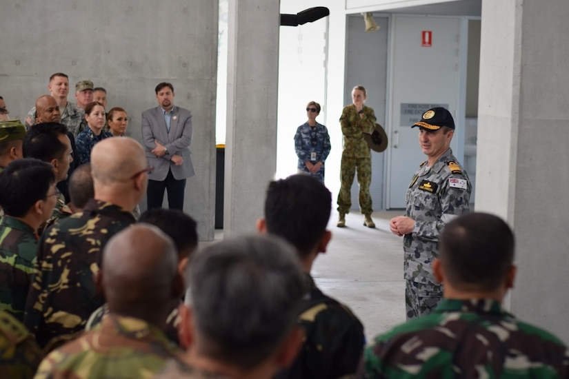Royal Australian Navy Vice Adm. David Johnston, chief of joint operations, addresses participants at the Pacific Endeavor 2016 exercise in Brisbane, Australia, Aug. 23, 2016. Sponsored by U.S. Pacific Command and hosted by the Australian Defence Force, Pacific Endeavor 2016 is a multinational workshop designed to enhance communication interoperability and expedite humanitarian assistance and disaster relief response in the Indo-Asia Pacific region. The workshop involved 250 participants from 22 allied and partner nations. DoD photo by Air Force Master Sgt. Todd Kabalan