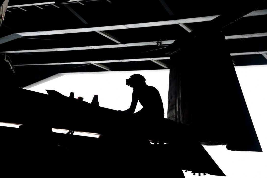 Navy Petty Officer 2nd Class Hector Gortaire conducts maintenance on an F/A-18F Hornet in the hangar bay of the aircraft carrier USS Dwight D. Eisenhower in Persian Gulf, Aug. 27, 2016. The aircraft carrier is supporting Operation Inherent Resolve, maritime security operations and theater security cooperation efforts in the U.S. 5th Fleet area of operations. Navy photo by Petty Officer 3rd Class Theodore Quintana

