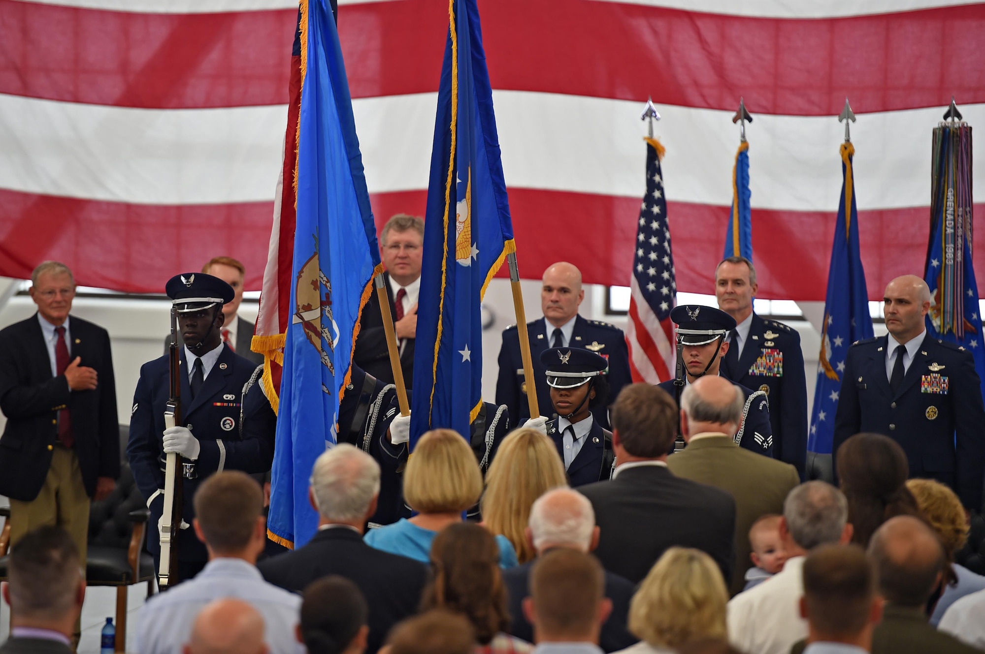 ALTUS AIR FORCE BASE, Okla. – Members of the Altus Air Force Base Blue Knights Honor Guard present the colors during the “Forging the 46” ceremony, Aug. 30, 2016, at Altus AFB, Okla. The event consisted of an assumption of command for the reactivated 56th Air Refueling Squadron, dedication of the new KC-46 training facility, speeches from key Air Force and community leaders and concluded with a tour of the new facility for attendees. (U.S. Air Force photo by Senior Airman Dillon Davis)