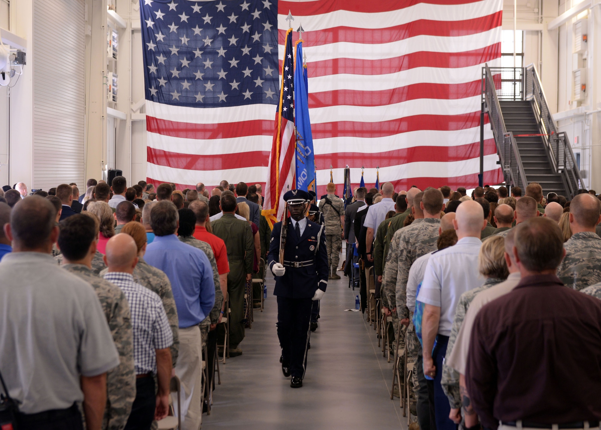 Members of the Altus Air Force Base Blue Knights Honor Guard, present the colors during the “Forging the 46” ceremony, Aug. 30, 2016, at Altus AFB, Okla. The event consisted of an assumption of command for the reactivated 56th Air Refueling Squadron, dedication of the new KC-46 training facility, speeches from key Air Force and community leaders and concluded with a tour of the new facility for attendees. (U.S. Air Force photo by Airman 1st Class Cody Dowell/Released)