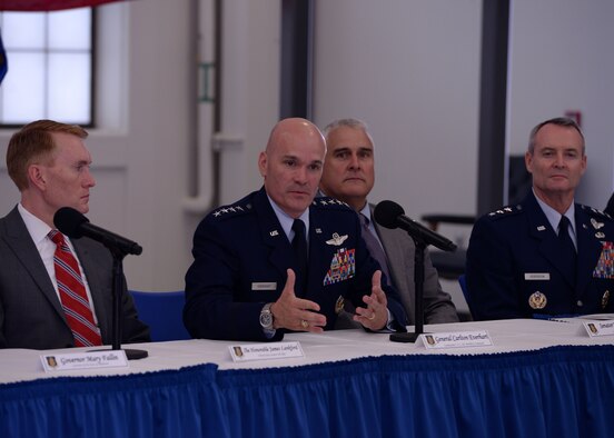 U.S. Air Force General Carlton Everhart II, commander of Air Mobility Command, answers questions from reporters after the “Forging the 46” ceremony, Aug. 30, 2016, at Altus Air Force Base, Okla. The event consisted of an assumption of command for the reactivated 56th Air Refueling Squadron, dedication of the new KC-46 training facility, speeches from key Air Force and community leaders and concluded with a tour of the new facility for attendees. (U.S. Air Force photo by Airman 1st Class Cody Dowell/Released)