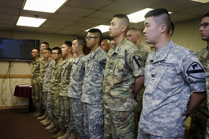 Nominees for the General Paik Sun Yup Leadership Award Board stand in front of the board to hear their final decision on who attained the honored award August 19, 2016 at the Commanding General's Mess on Camp Red Cloud, South Korea. By the end of the board, eight of the eleven KATUSAs had passed, including four from 1st ABCT. 