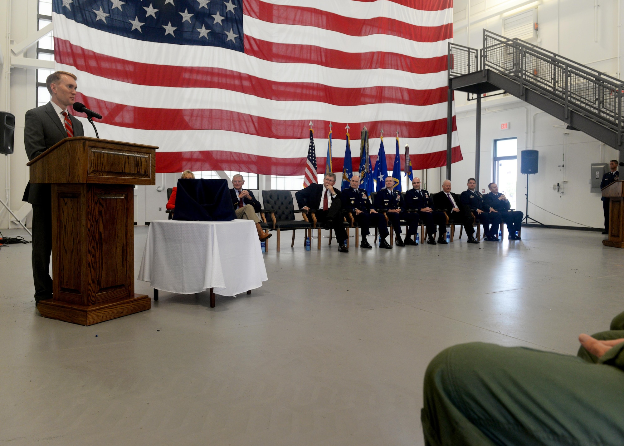 U.S. Sen. James Lankford, from Oklahoma, gives a speech at the “Forging the 46” event, Aug. 30, 2016, at Altus Air Force Base, Okla. The event consisted of an assumption of command for the reactivated 56th Air Refueling Squadron, dedication of the new KC-46 training facility, speeches from key Air Force and community leaders and concluded with a tour of the new facility for attendees. (U.S. Air Force Photo by Airman Jackson N. Haddon/Released).