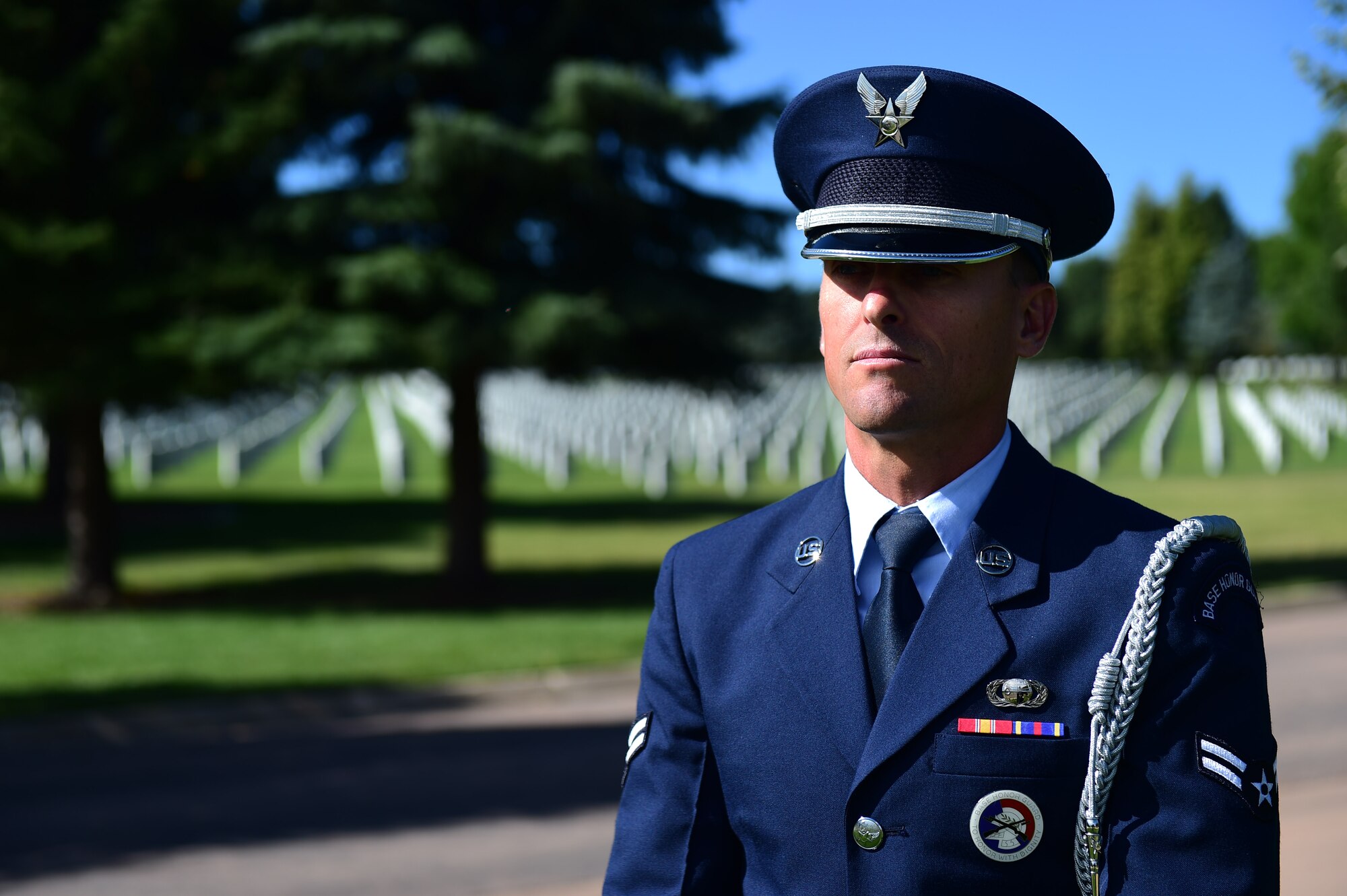 Airman 1st Class Patrick Richards, U.S. Air Force Mile High Honor Guard member, stands by for practice before a funeral August 30, 2016, at Fort Logan National Cemetery, Colo. The Honor Guard members are example of individuals who are highly motivated, maintain exceptionally high standards of conduct, both on and off-duty, and exude enormous amounts of pride in all they do. (U.S. Air Force photo by Airman 1st Class Gabrielle Spradling/Released)