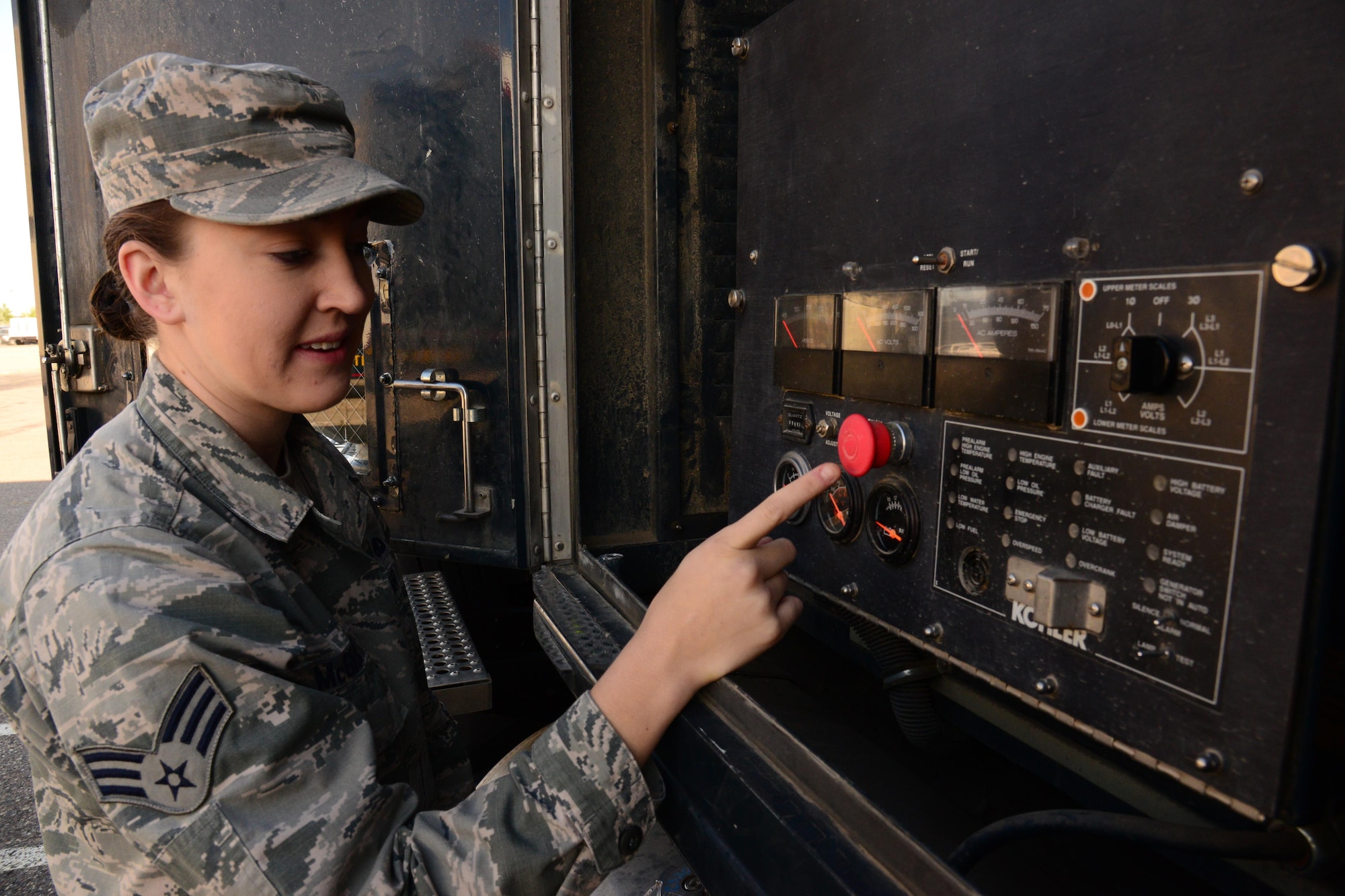 Senior Airman Taleah McGriff, 741st Maintenance Squadron power refrigeration and electrical lab technician, inspects an electrical panel Aug. 25, 2016, at Malmstrom Air Force Base, Mont. McGriff was hand selected to represent Air Force Global Strike Command at the 2016 Air Force Association's Air, Space and Cyber Convention held in Washington D.C. (U.S. Air Force photo/Airman 1st Class Magen M. Reeves)