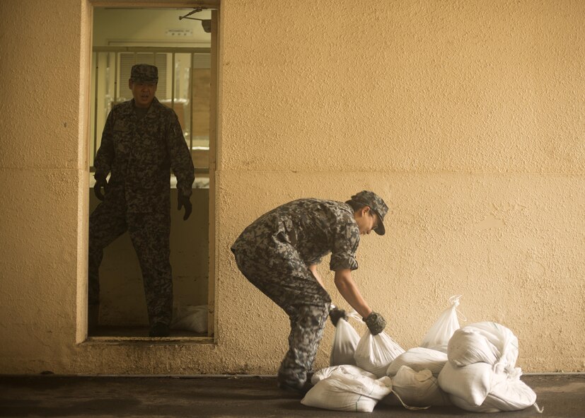 Japan Air Self-Defense Force airmen strategically place sand bags in preparation for Typhoon Lionrock at Yokota Air Base, Japan, Aug. 29, 2016. The JASDF airmen and U.S. Airmen helped place approximately 5,000 sand bags around Yokota in preparation for Typhoon Lionrock. (U.S. Air Force photo by Airman 1st Class Donald Hudson/Released)
