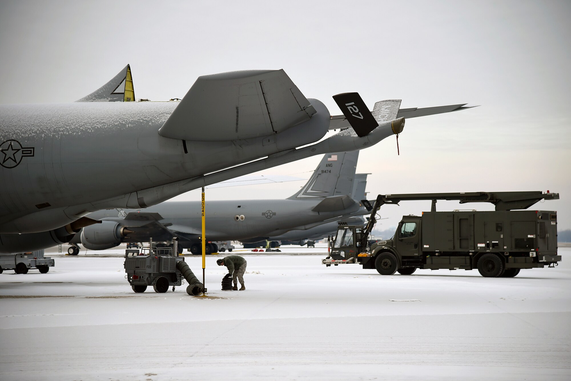 A KC-135 Stratotanker without the vertical stabilizer portion of its tail is seen at Selfridge Air National Guard Base, Mich., in late 2015. The aircraft had been struck by lightning shortly before landing at the base in late 2015. The aircraft landed without incident, but required extensive repairs. It has since been returned to service. (U.S. Air National Guard photo by Terry Atwell)