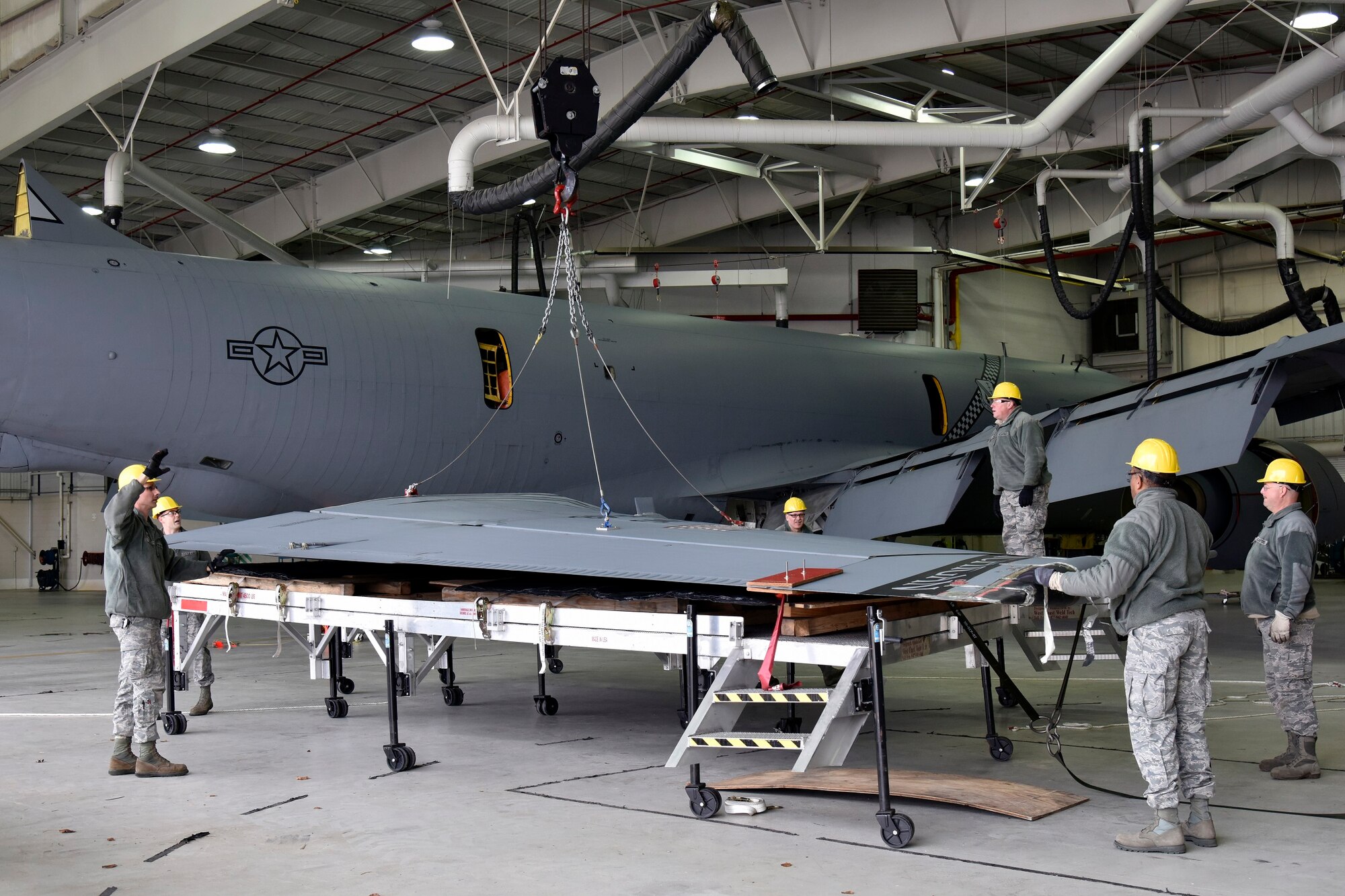 Airmen with the 191st Maintenance Group work to repair the vertical stabilizer of a KC-135 Stratotanker at Selfridge Air National Guard Base, Mich. The aircraft had been struck by lightning shortly before landing at the base in late 2015. The aircraft landed without incident, but required extensive repairs. It has since been returned to service. (U.S. Air National Guard photo by Terry Atwell)