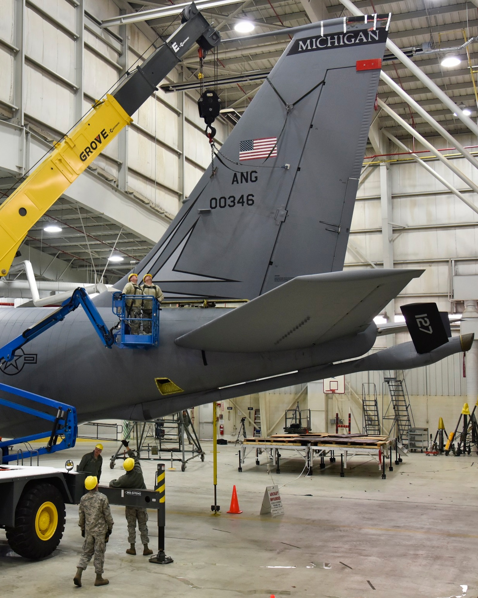 Airmen with the 191st Maintenance Group work to repair the vertical stabilizer of a KC-135 Stratotanker at Selfridge Air National Guard Base, Mich. The aircraft had been struck by lightning shortly before landing at the base in late 2015. The aircraft landed without incident, but required extensive repairs. It has since been returned to service. (U.S. Air National Guard photo by Terry Atwell)