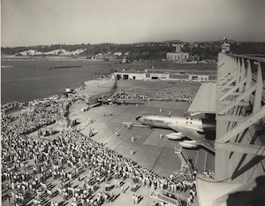 The first KC-135 Stratotanker emerges from the factory in Renton, Wash., next to the KC-97 Stratofreighter in 1956. This pairing symbolized the new age of jet tankers, which eventually replaced the rotary wing aircraft to keep up with faster fighter aircraft. (Courtesy photo)
