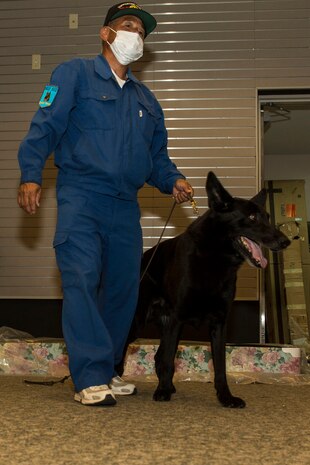A Japan Maritime Self-Defense Force Kure Repair and Supply Facility Petroleum Terminal unit military working dog handler searches for hidden explosives during joint training with Marine Corps Air Station Iwakuni’s Provost Marshal’s Office K-9 unit and Hiroshima Prefectural Police Headquarters officers at MCAS Iwakuni, Japan, Aug. 24, 2016. Handlers and their military working dogs train regularly in a variety of areas such as locating explosives, narcotics, conducting patrols and human tracking in order to become a more effective team. Marines placed explosives in hidden locations before handlers and their K-9’s arrived, resulting in a more cautious and thorough search, increasing the overall training effectiveness. (U.S. Marine Corps photo by Lance Cpl. Aaron Henson)