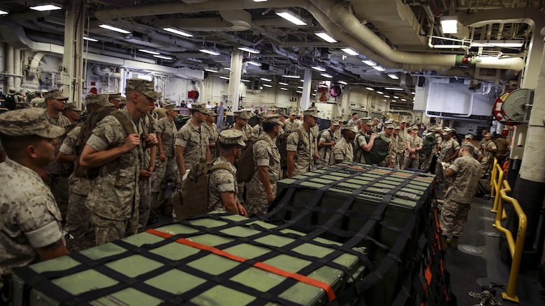 Marines with Task Force Los Angeles assemble aboard the USS America at Naval Base San Diego, Calif., Aug. 29, 2016. The ship will carry Marines, Sailors, and Coast Guardsmen to Los Angeles Fleet Week, Sept. 2 – Sept. 5. Fleet Weeks are annual patriotic events where active Navy and Coast Guard ships dock in major U.S. cities giving Marines, Sailors and Coast Guardsmen an opportunity to interact with locals. This is the first year L.A. has hosted an official Fleet Week event.