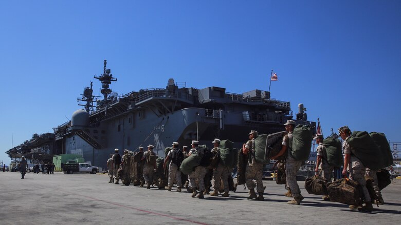 Marines with Task Force Los Angeles prepare to board the USS America at Naval Base San Diego, Calif., Aug. 29, 2016. The ship will carry Marines, sailors and Coast Guardsmen to Los Angeles Fleet Week, Sept. 2 – Sept. 5. Fleet Weeks are annual patriotic events where active Navy and Coast Guard ships dock in major U.S. cities giving Marines, Sailors and Coast Guardsmen an opportunity to interact with locals. This is the first year L.A. has hosted an official Fleet Week event.