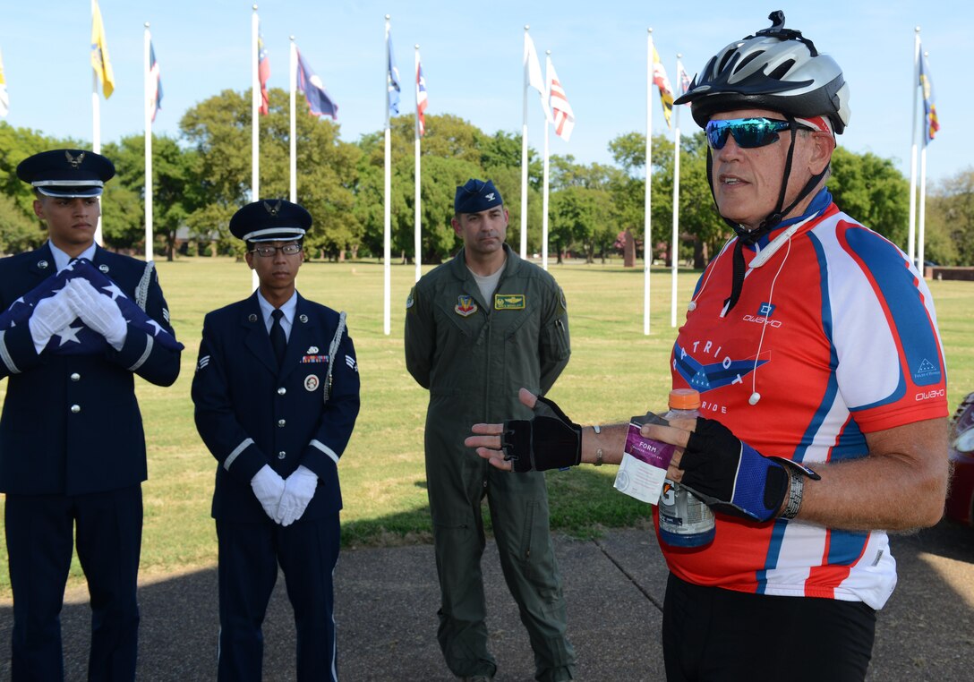 Retired U.S. Air Force Col. Gary “Gumby” West thanks members of Langley Air Force Base, Va.,for their support during a ceremony on Aug. 26, 2016, to honor U.S. service members who made the ultimate sacrifice. In this ceremony, West and Langley members honored U.S. Army Capt. Phillip Esposito, who was killed in Iraq in 2005. (U.S. Air Force photo by Staff Sgt. Teresa J. Cleveland)