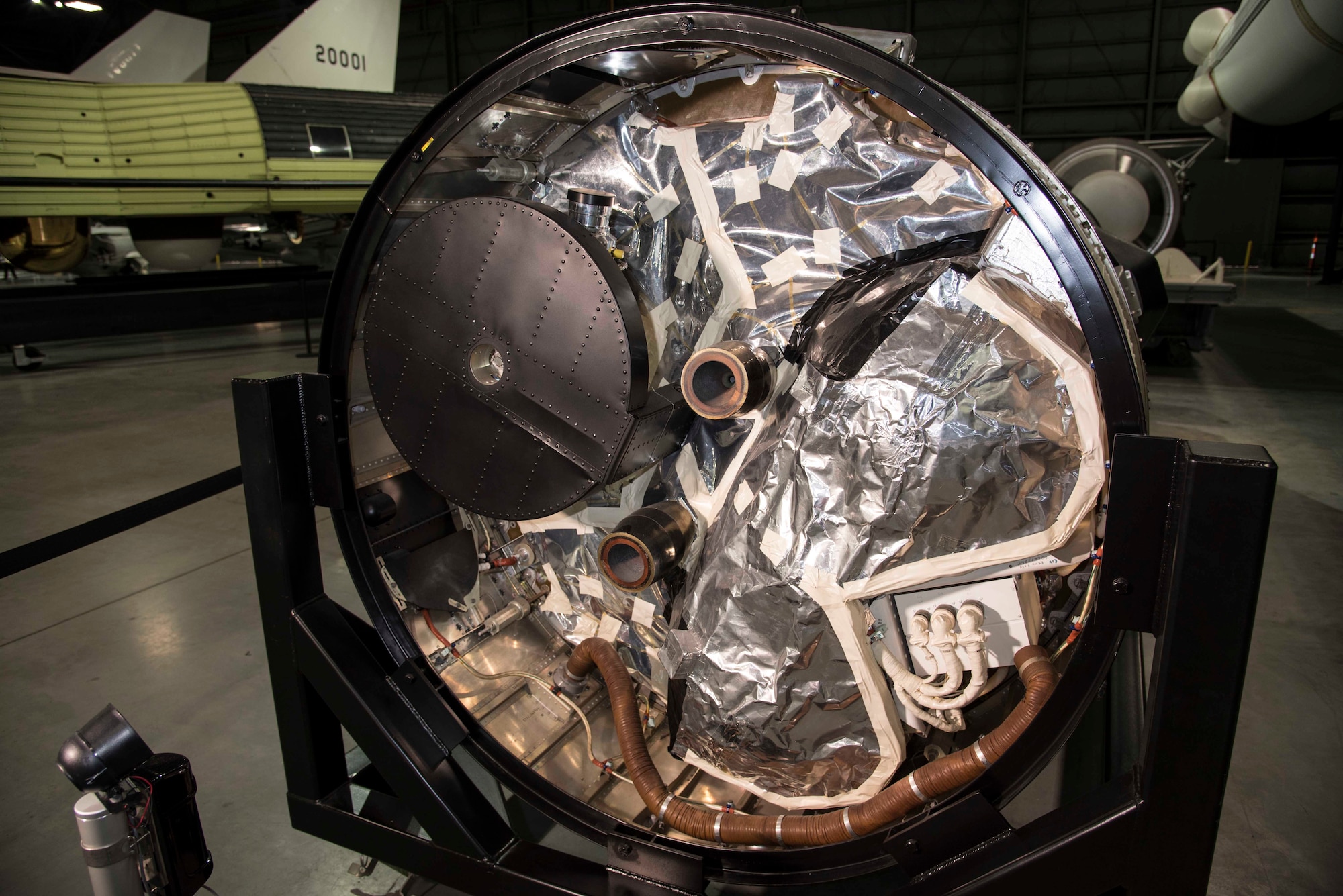DAYTON, Ohio -- Gambit 1 KH-7 reconnaissance satellite (rear view) in the Space Gallery at the National Museum of the U.S. Air Force. (U.S. Air Force Photo)